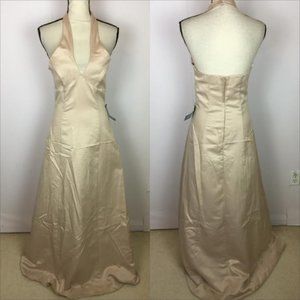 New Urban Girl Nites Long Dress Evening Gown Prom 7/8 Juniors Beige Satin Halter